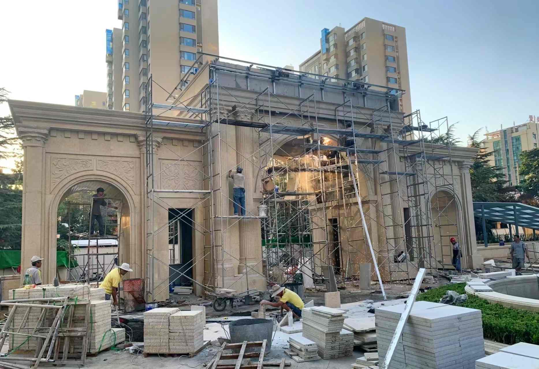 乌兰察布 黄金麻荔枝面花岗岩小区门楼外墙干挂